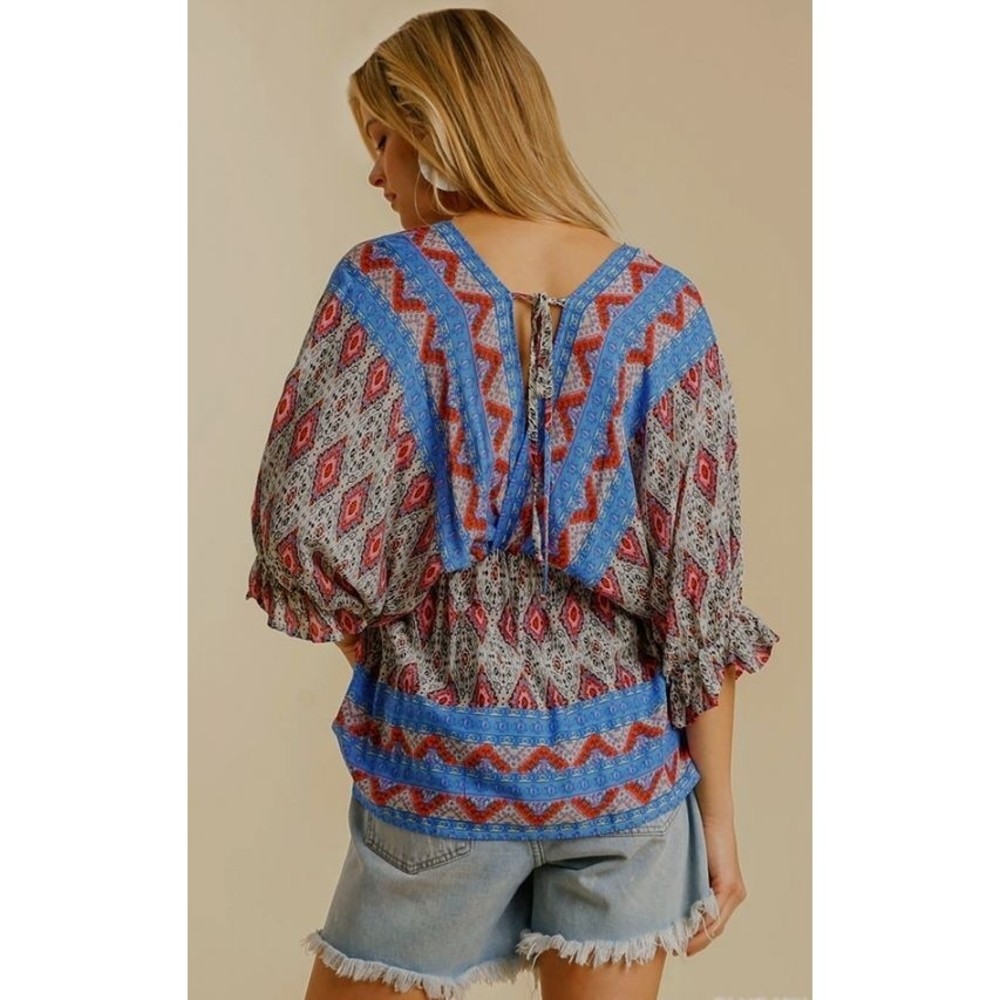 New UMGEE S Blue Paisley Balloon Dolman Sleeves Rayon Top Back String Tie - Picture 4 of 4
